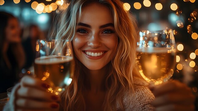 Office holiday celebration, colleagues with drinks in hand, enjoying a cheerful Christmas party and festive company gathering.