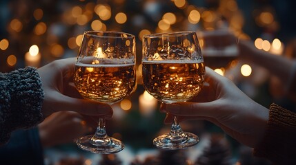 Office Christmas celebration with coworkers toasting drinks, enjoying the festive season and company gatherings in a cheerful atmosphere.