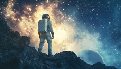 Obraz premium A man in a space suit stands on a mountain, surrounded by stars.