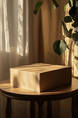 simple card box for product packaging on a wood table mockup generated by AI
