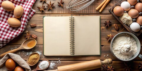 Recipe book and baking ingredients on a food background