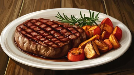 A perfectly cooked grilled steak is plated alongside vibrant roasted vegetables and fresh rosemary, creating a mouthwatering display