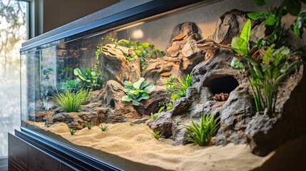 Leopard Gecko Terrarium with Lush Greens and Rocks