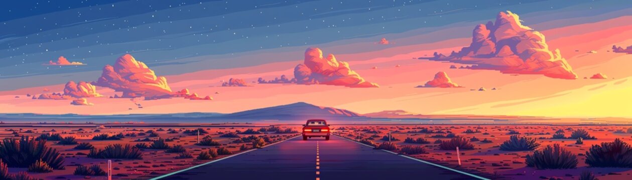 Desert highway with a lone car driving towards the horizon, wide angle, dramatic lighting, pastel sunset sky, 8bit pixel art style