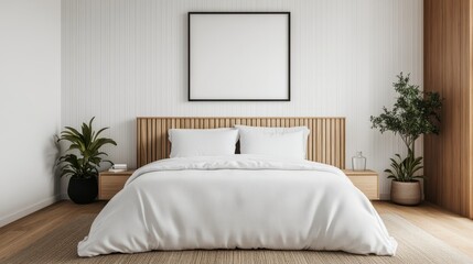 Fototapeta premium Modern minimalist bedroom interior with white bedding and wooden accents..