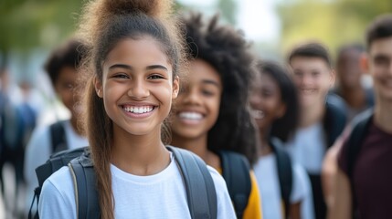 Enthusiastic Students Smiling on School Pathway