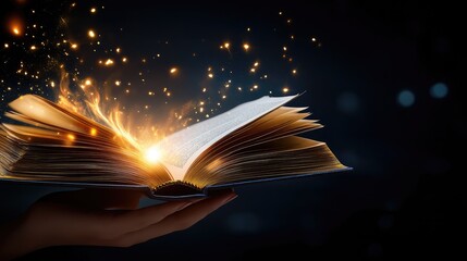 A person stands holding a book wide open, with flames rising dramatically from its pages, creating a captivating contrast against the dark background
