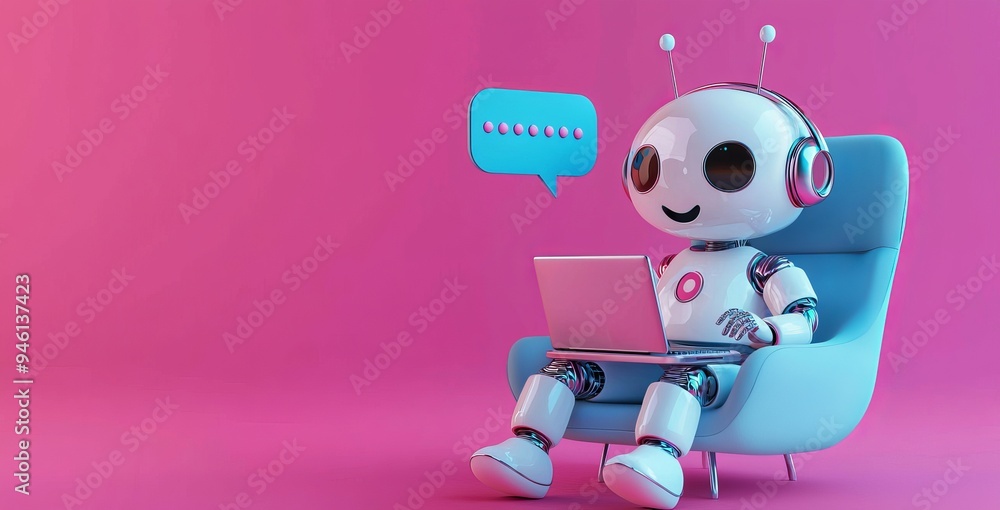 Poster using an stock chatbot in a computer and chatting, stock