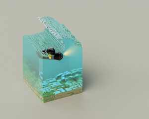 Voxel Art Submarine and Sea. Exploring the Depths in a 3D Oceanic Cube