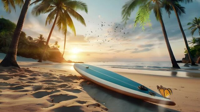 A cool surfboard is on the sand of the beach with some coconut trees. Seamless 4K looping timelapse video animation background