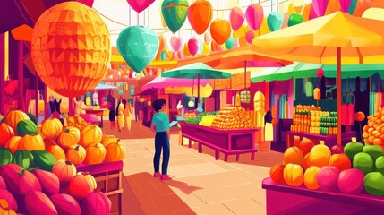 A traveler strolls through a lively market, surrounded by an array of colorful fruits and cheerful decorations, enjoying the vibrant atmosphere
