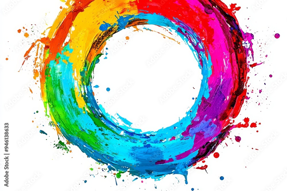 Poster an abstract circle liquid motion flow explosion on a white background, featuring colorful waves and 