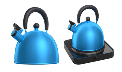 Portable camping electric stove and kettle with whistle on white background.. 3d render travel furnace for preparing food and boiling water in saucepan and kettle with steam on kitchen