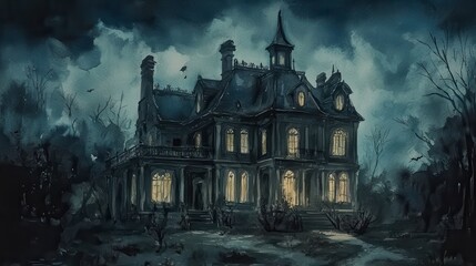 Obraz premium Gothic mansion, deep shadows, eerie atmosphere, Romanticism-inspired Halloween, Watercolor style