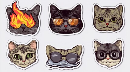 Fototapeta premium Quintet of Whimsical Cat Stickers in 8K High Resolution: A Fiery, Scholarly, and Playful Feline Collection on White