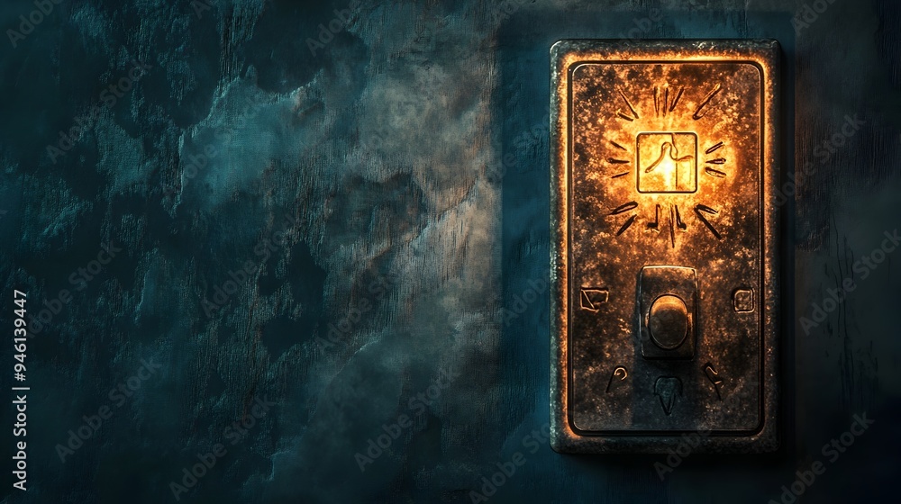 Poster conceptual image of a light switch with mysterious symbols and markings creating a unique and though