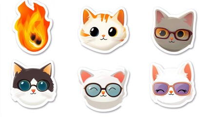 Fototapeta premium Quintet of Whimsical Cat Stickers in 8K High Resolution: A Fiery, Scholarly, and Playful Feline Collection on White