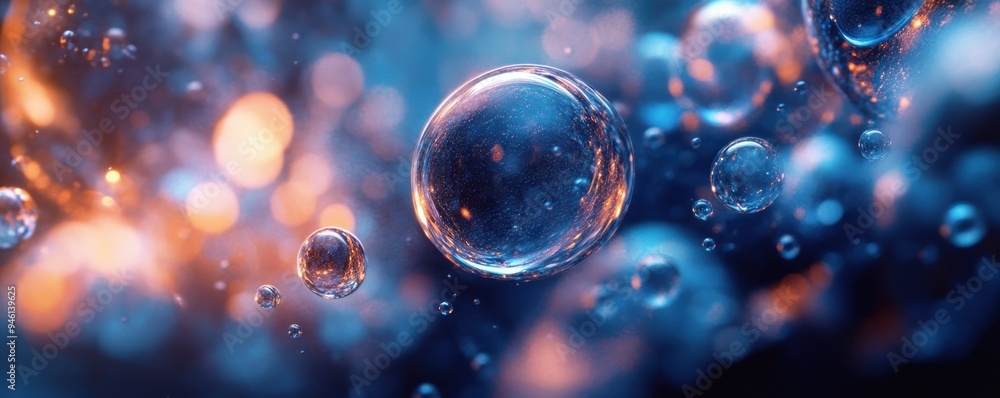 Poster abstract aqua-colored drops cascade and create a dynamic visual effect against a background of warm 