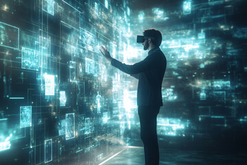 Navigating the Digital Frontier: A businessman in a dark suit experiences the immersive power of VR, interacting with a luminous wall of data visualization.