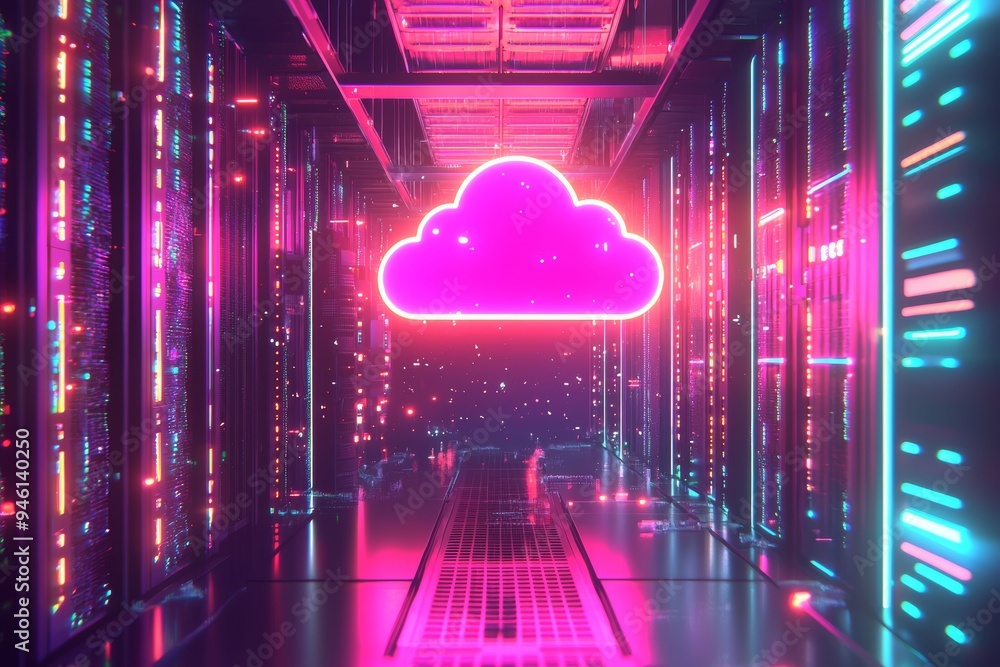 Poster a big data center with servers starts digitizing information. saas, cloud computing, web services. s