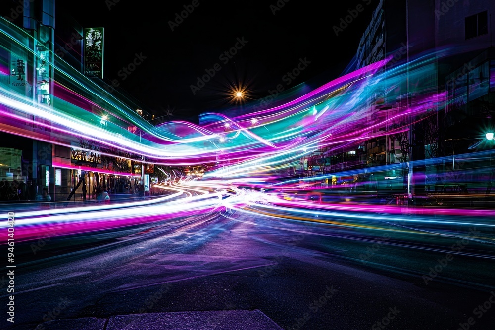 Poster light trails at high speed in an urban environment, based on generative stock