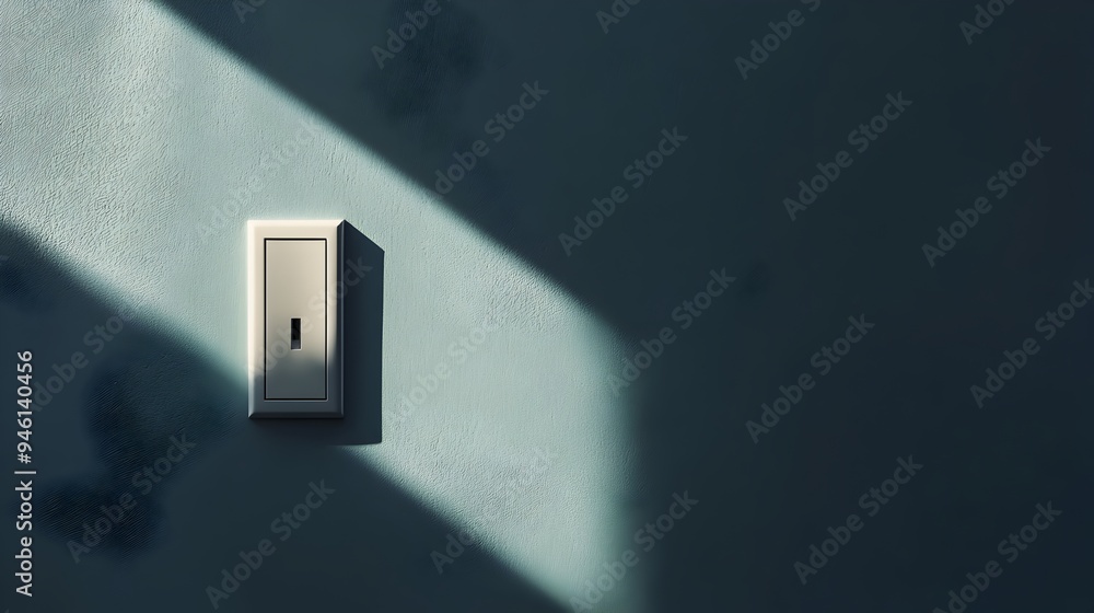 Poster a conceptual graphic design image featuring a light switch with a mismatched or incongruent shadow c