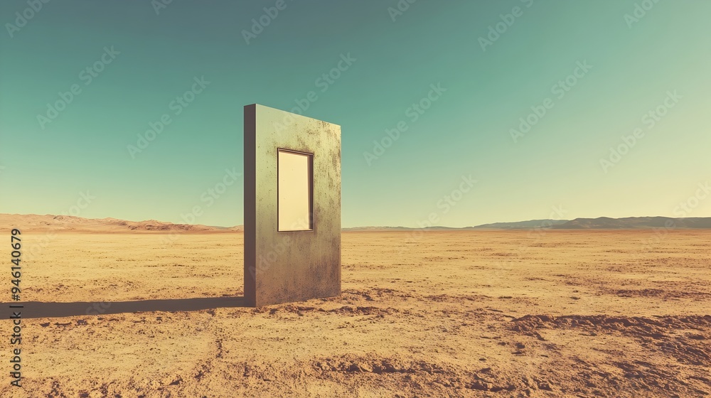 Poster a conceptual image of a lone light switch standing in the middle of an empty expansive desert landsc
