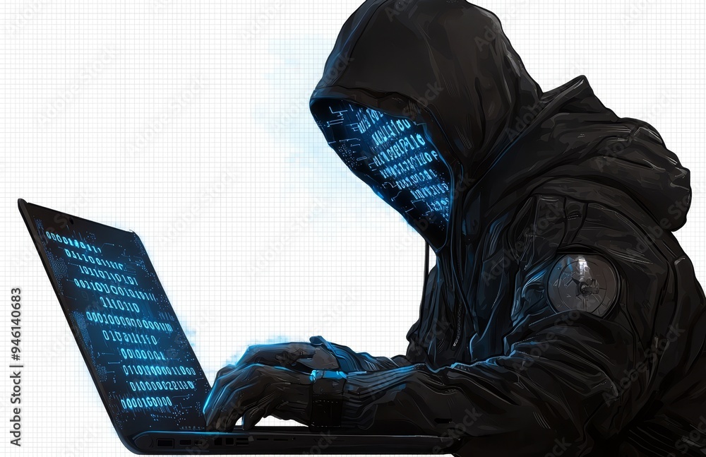 Poster an anonymous hacker with a mask that hides his face works on a laptop. png isolated on transparent b