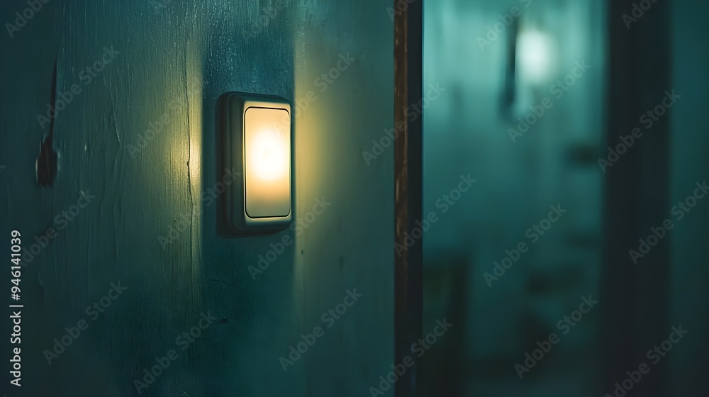 Poster conceptual image of a light switch reflected in a mirror creating a minimalist and abstract visual m