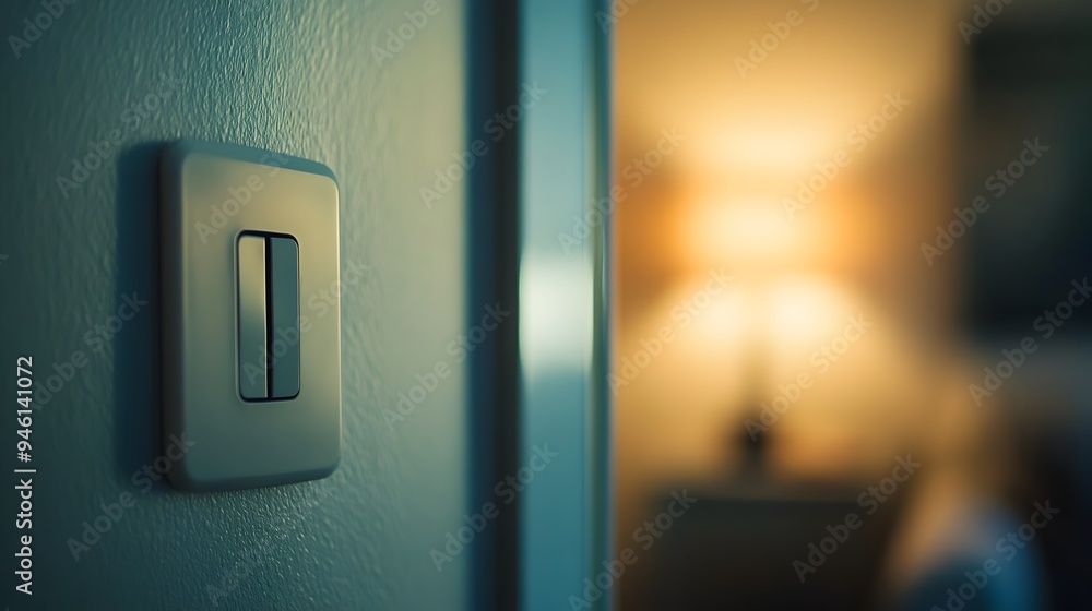 Poster conceptual image of a light switch in a mirrored reflection creating a minimalist modern and abstrac