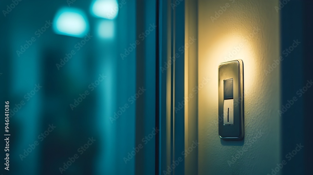 Poster conceptual image of a light switch in a mirror reflection showing the interplay of light shadow and 