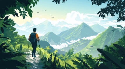 A traveler explores a scenic mountain trail, immersed in nature, under a clear blue sky with distant peaks visible, enjoying solitude
