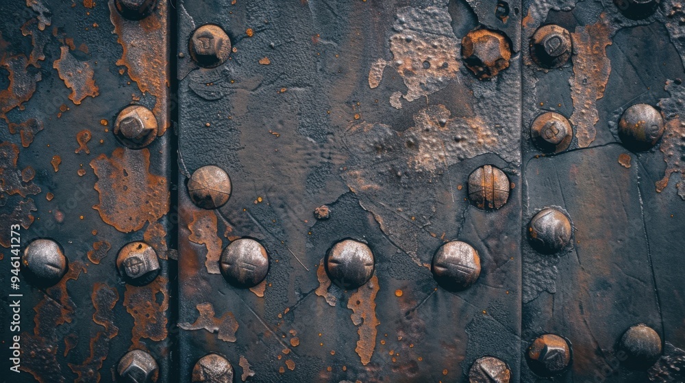 Poster flat lay of an iron surface with weathered rivets and rusty textures, showcasing the passage of time
