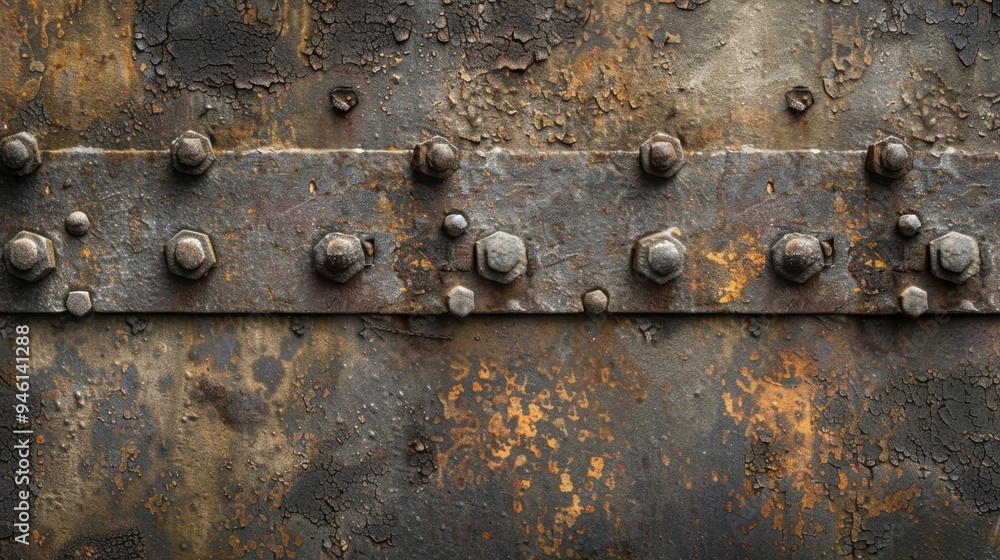 Poster flat lay of an iron surface with weathered rivets and rusty textures, showcasing the passage of time