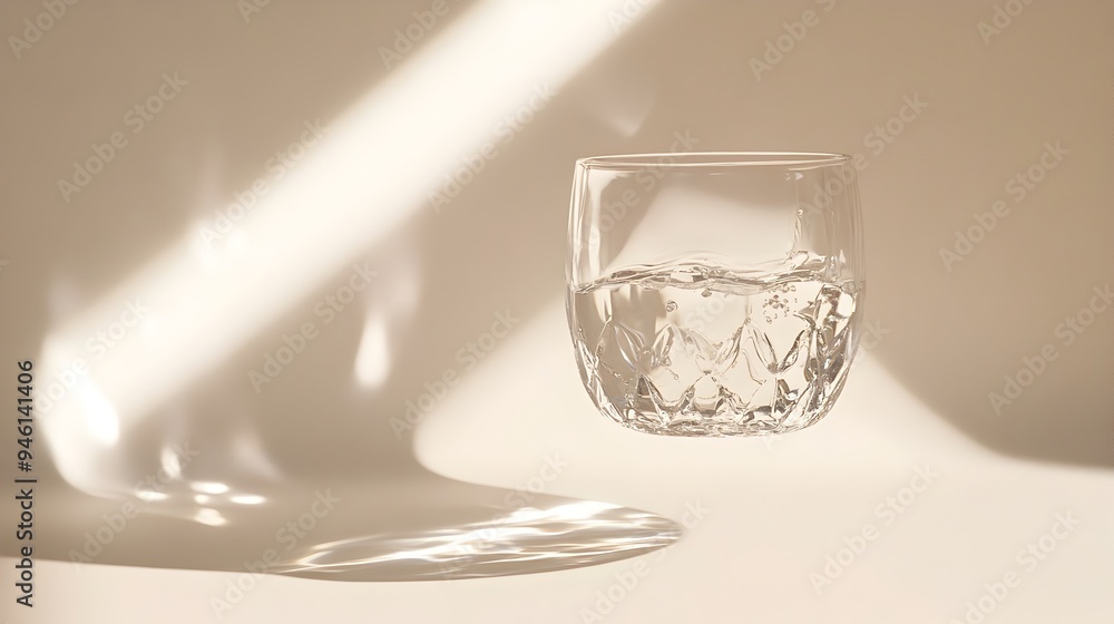 Poster a conceptual image showcasing a glass of water suspended in mid air with captivating light passing t