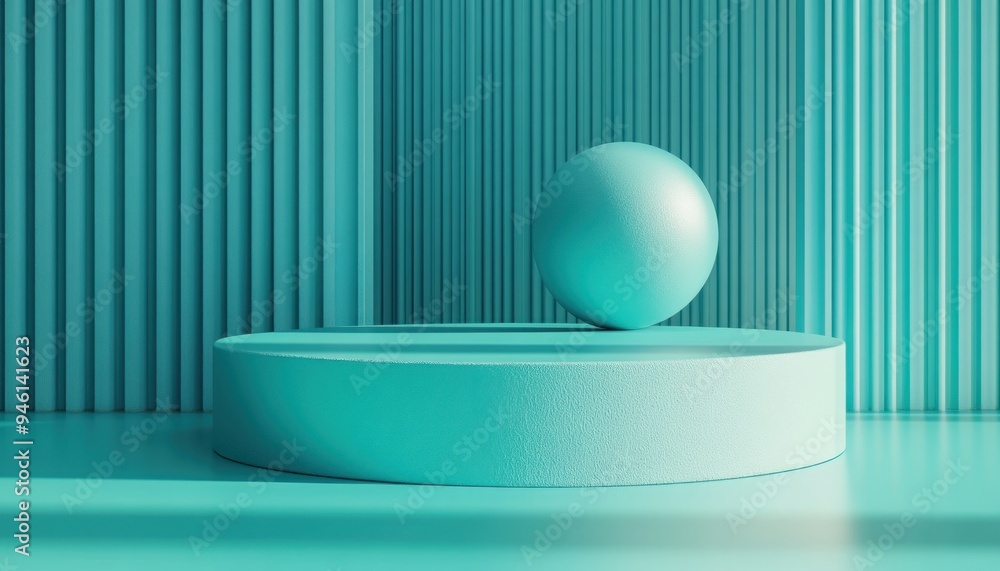 Poster abstract geometric forms in aqua a minimalist visual balance of sphere, cylinder, and lines creating
