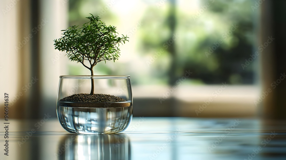 Poster conceptual image of a transparent glass container filled with clear water featuring a small delicate
