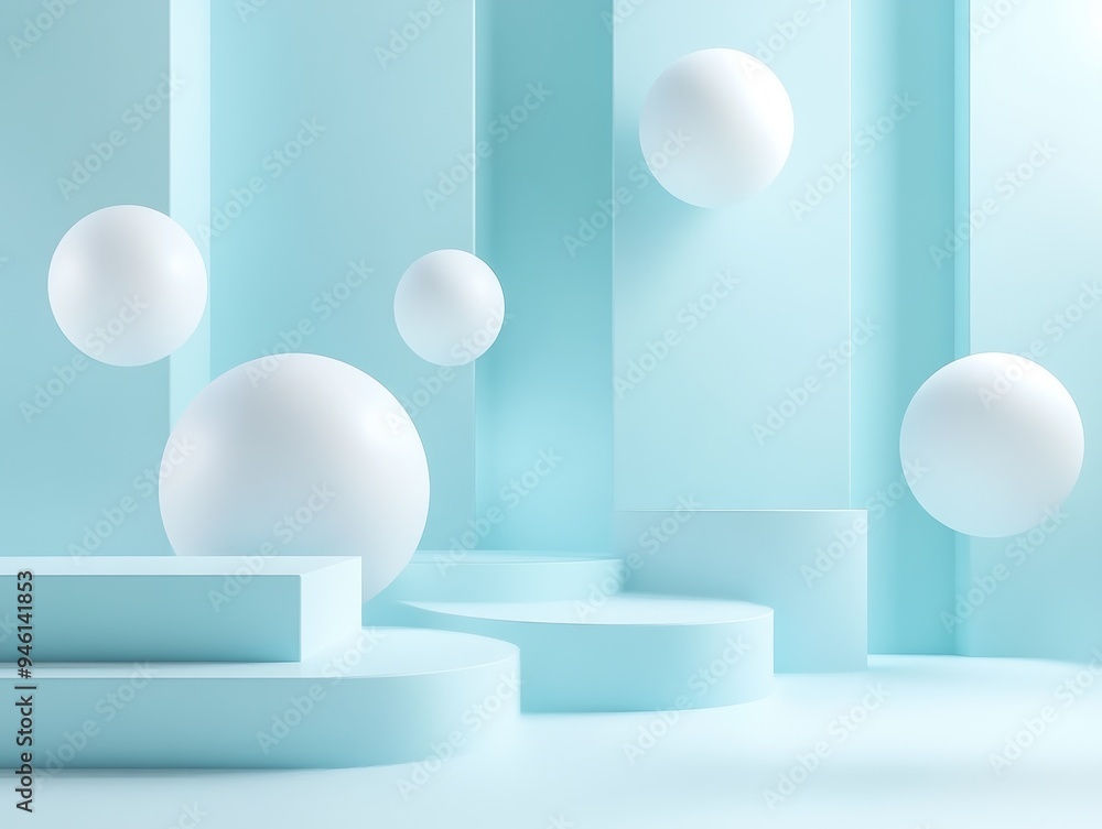 Poster abstract geometric shapes in aqua, floating in a minimalist visual space a serene and stylish compos