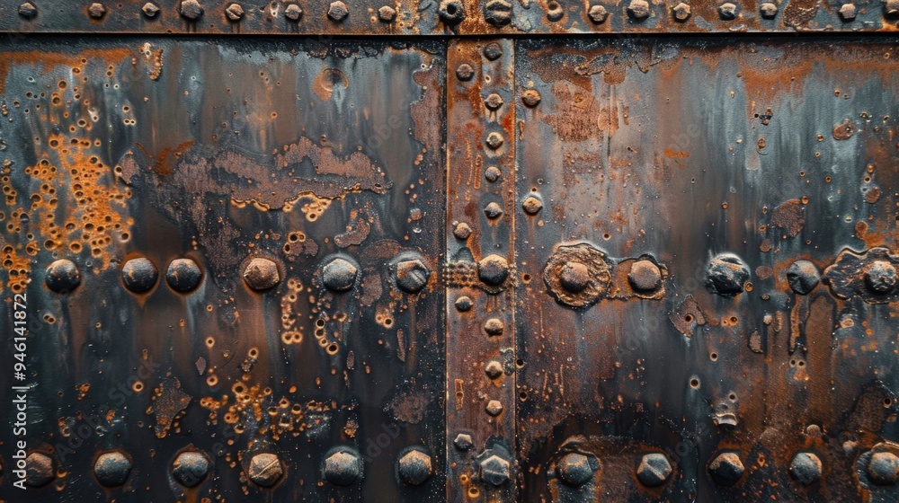 Poster flat lay of an old iron surface with visible rivets and deep rust patterns, ideal for a vintage, wea