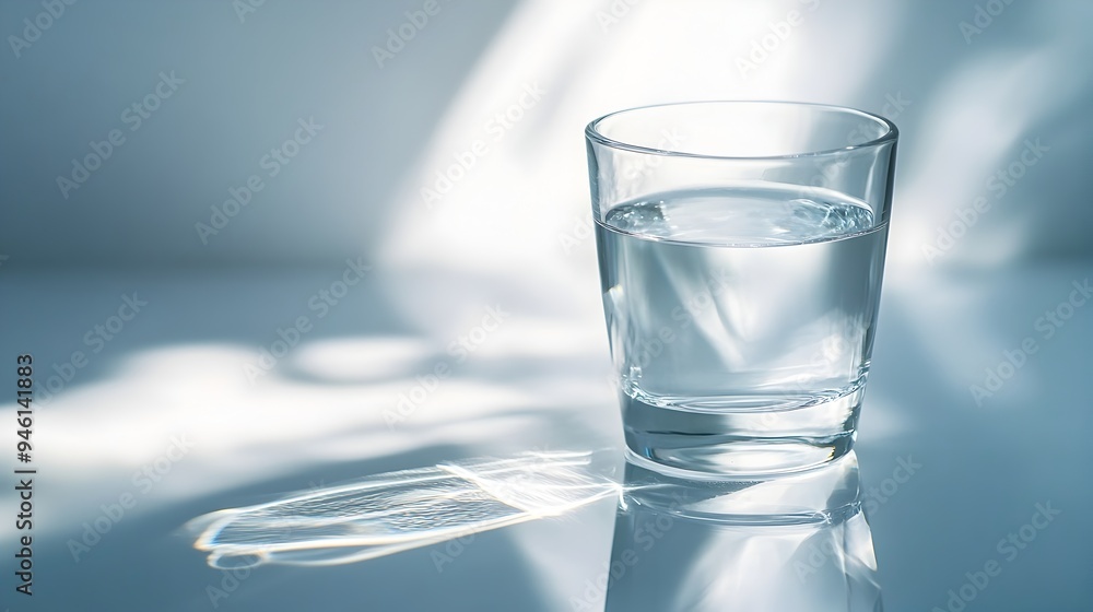 Poster A conceptual image showcasing a glass of water on a reflective surface creating a mesmerizing mirror effect with ample copy space for design or text overlay