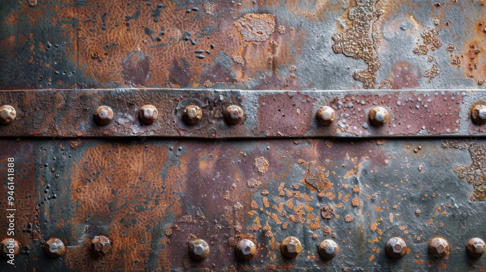 Poster flat lay of an old iron surface with visible rivets and deep rust patterns, ideal for a vintage, wea