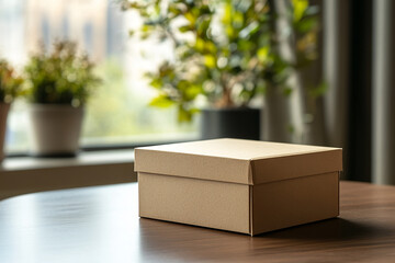 simple card box for product packaging on a wood table mockup generated by AI