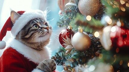 A playful cat in a Santa suit admiring a festive Christmas tree adorned with colorful ornaments and twinkling lights.