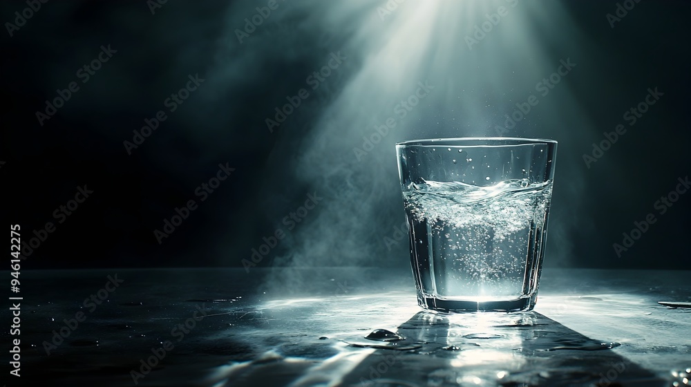 Poster mesmerizing glass of water floating effortlessly in a dark ethereal void with a soft luminous glow e
