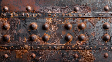 Flat lay of an old iron surface with visible rivets and deep rust, perfect for an industrial, vintage feel
