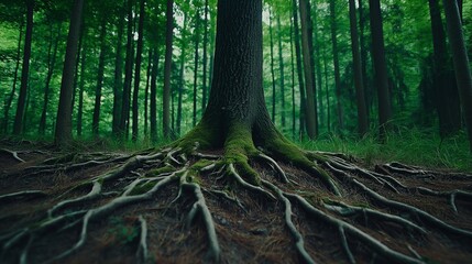 Fototapeta premium A close-up view of a tree trunk with exposed roots in a lush forest setting.