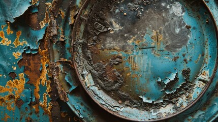 Flat lay of an old, weathered iron plate with peeling paint and rust, showcasing age and wear