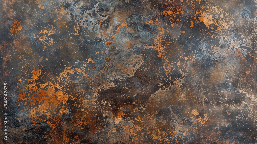 Wall mural Flat lay of an oxidized iron surface with a mix of rust and patina, creating a rugged, industrial look