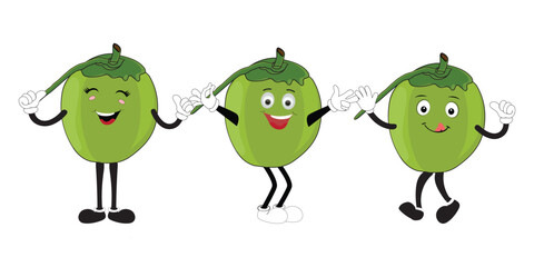 Set of green coconut fruit cartoon character, Mascot poses with smile expression Isolated Vector Illustration