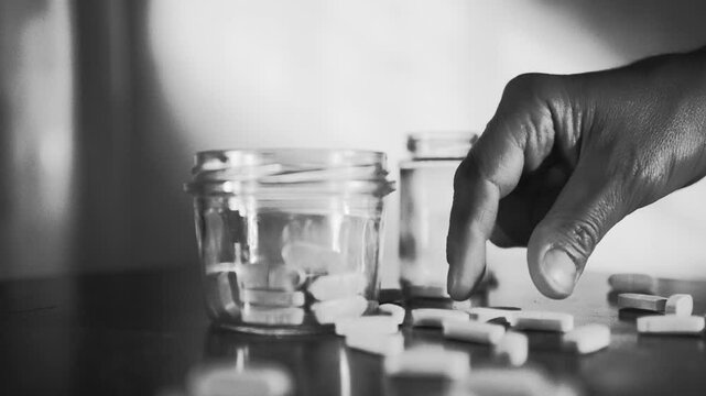 Person taking pills and abusing medications in a Mental Hospital. 